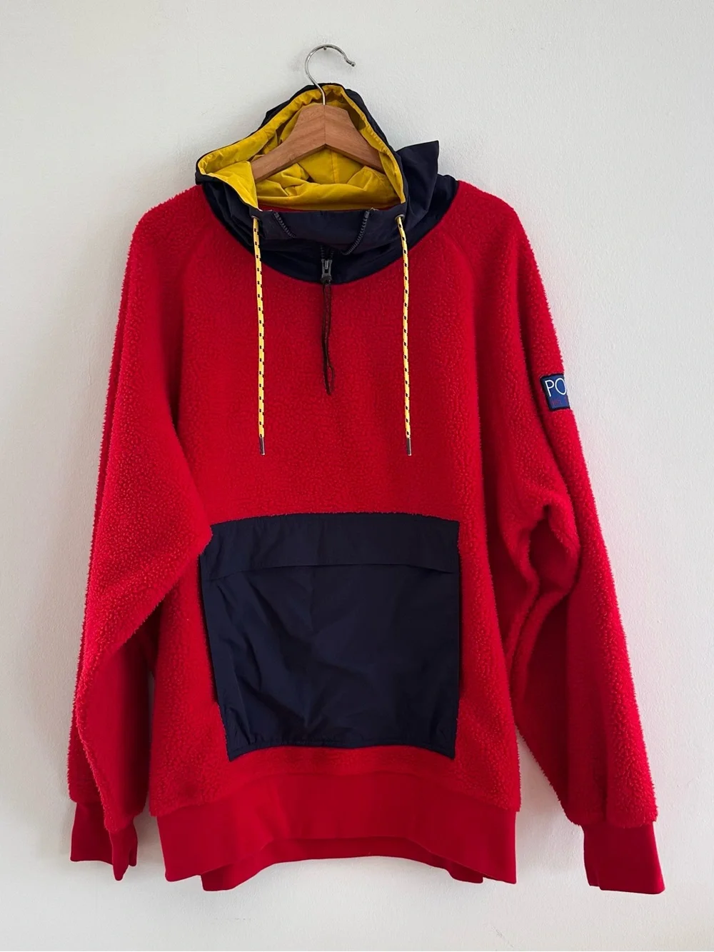 Polo Ralph Lauren Hi Tech Sherpa Fleece Hooded Pullover Red Navy Colorblock XL
